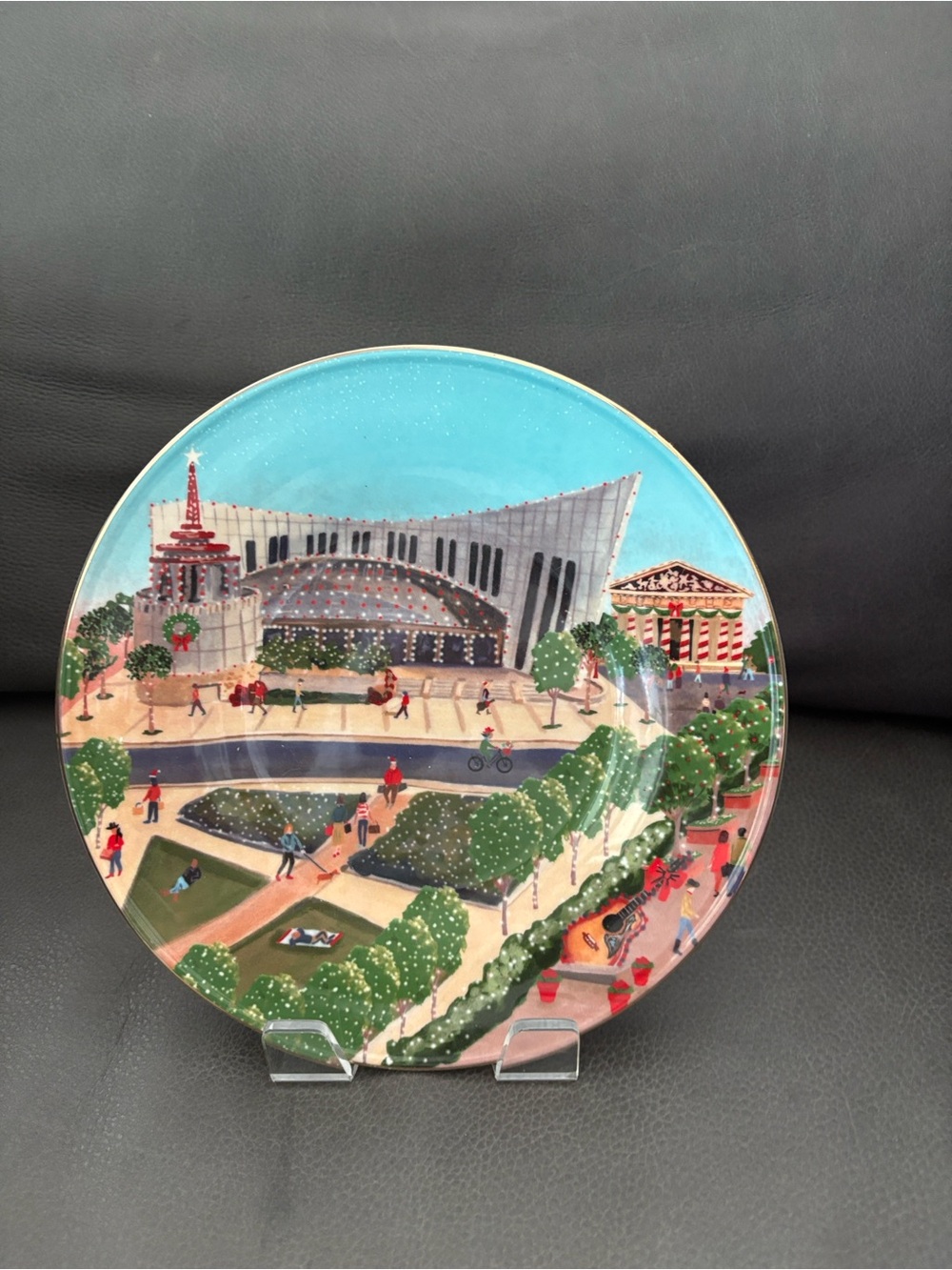 Anthropoligie Nashville Cityscape Christmas Plate - Blue, Green, Red Accents